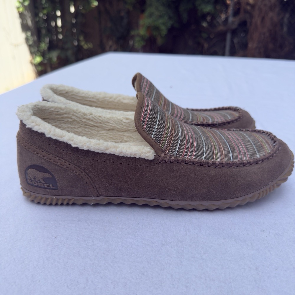 Sorel Dude Brown Suede Leather Moc NM4806-261 Striped Loafers Slippers Men's 10
